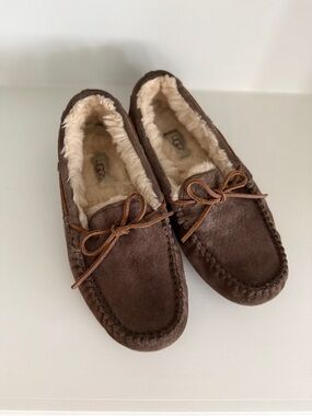 UGG Brown Suede Shearling Moccasins with Leather Bow